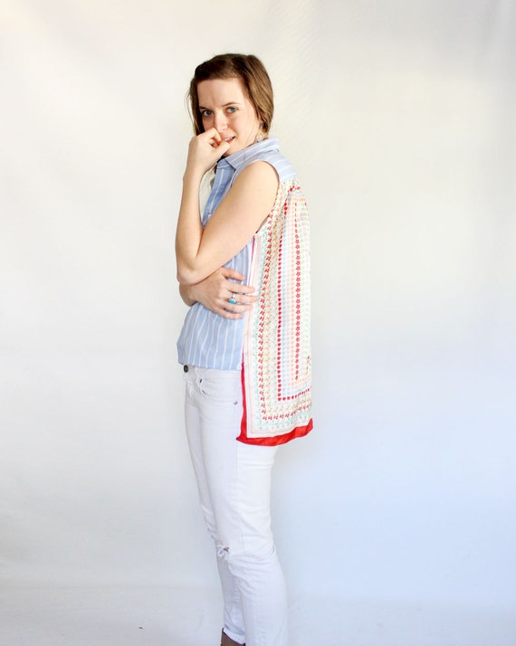 SAMPLE SALE Vintage scarf shirt womens eco conscious fashion sleeveless top colorful floral print shirt bright silk striped menswear for her