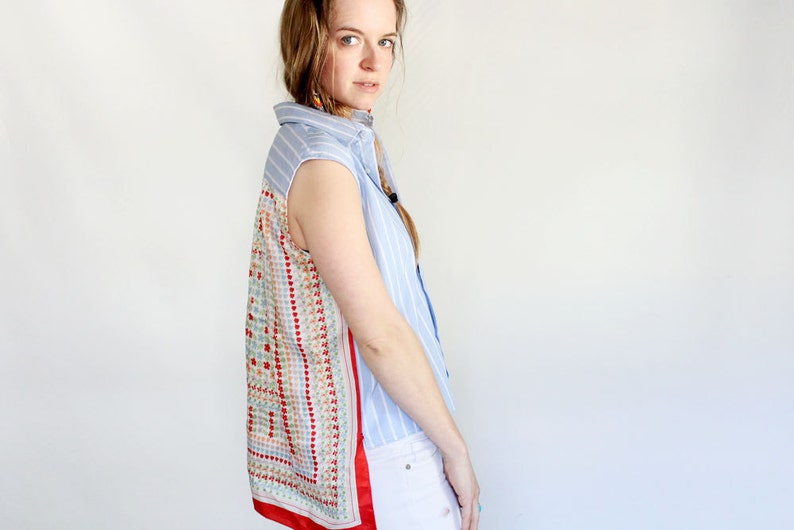SAMPLE SALE Vintage scarf shirt womens eco conscious fashion sleeveless top colorful floral print shirt bright silk striped menswear for her