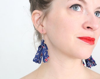 Navy Floral Short Fabric Tassel Earrings, Fringe Earrings, Statement Earrings eco conscious