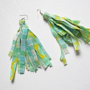 Bright Mint and Lime Multicolor Fabric Tassel Feathered Earrings, Fringe Earrings, plaid and floral, Statement earrings image 8