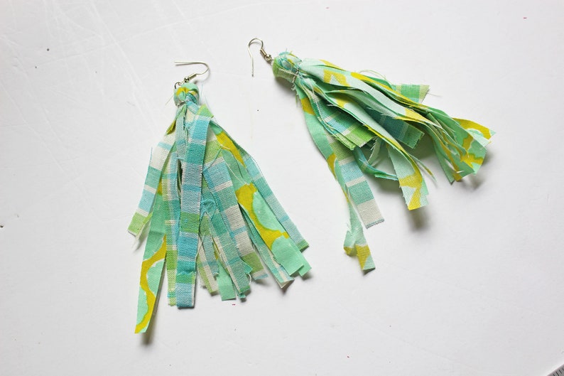 Bright Mint and Lime Multicolor Fabric Tassel Feathered Earrings, Fringe Earrings, plaid and floral, Statement earrings image 8
