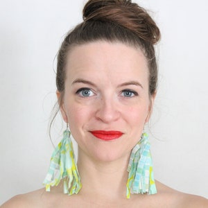 Bright Mint and Lime Multicolor Fabric Tassel Feathered Earrings, Fringe Earrings, plaid and floral, Statement earrings image 7