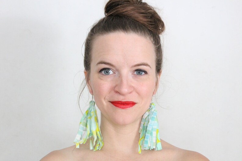 Bright Mint and Lime Multicolor Fabric Tassel Feathered Earrings, Fringe Earrings, plaid and floral, Statement earrings image 7