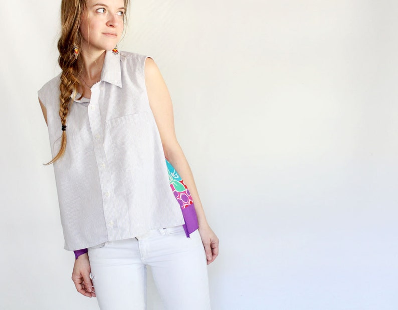 SAMPLE SALE Vintage scarf shirt womens eco conscious fashion sleeveless top colorful floral print shirt bright silk striped menswear for her