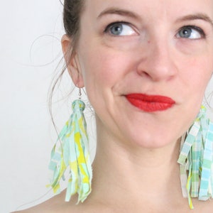 Bright Mint and Lime Multicolor Fabric Tassel Feathered Earrings, Fringe Earrings, plaid and floral, Statement earrings image 4