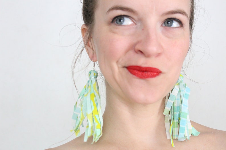 Bright Mint and Lime Multicolor Fabric Tassel Feathered Earrings, Fringe Earrings, plaid and floral, Statement earrings image 4