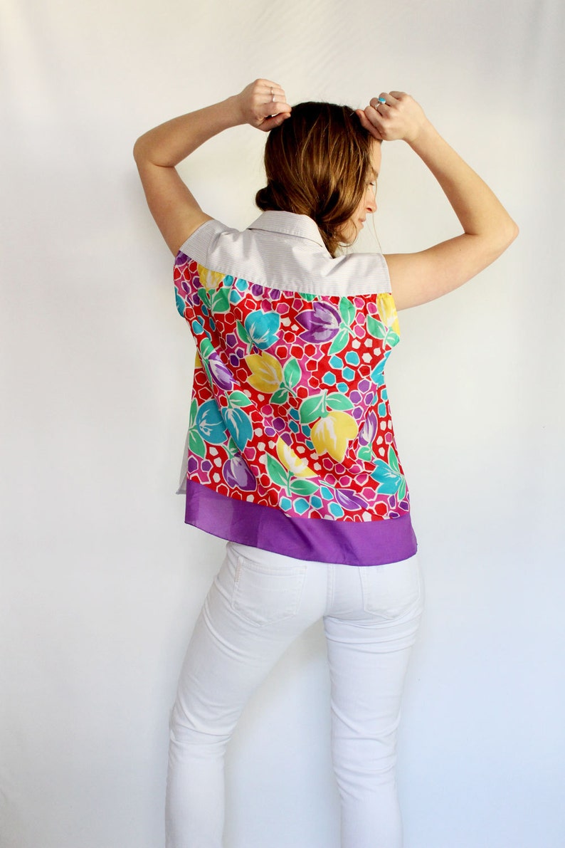SAMPLE SALE Vintage scarf shirt womens eco conscious fashion sleeveless top colorful floral print shirt bright silk striped menswear for her