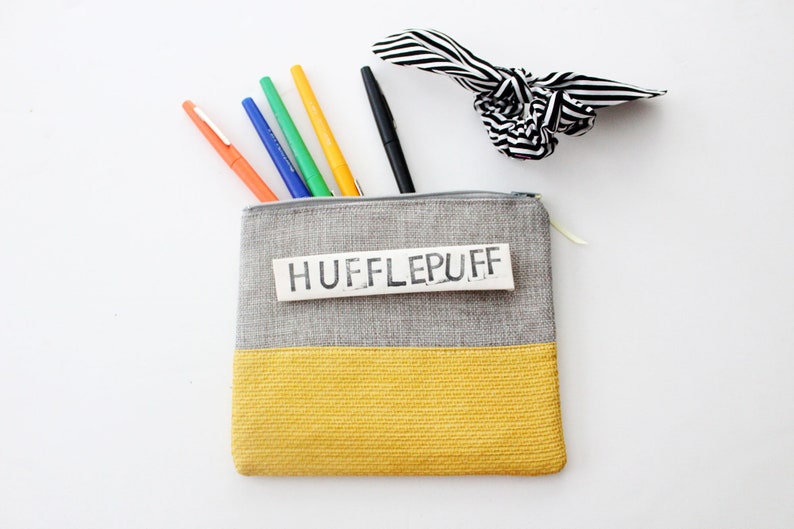 CUSTOM PHRASE zipper pouch grey and yellow sustainably made with scraps funny gift custom saying Hufflepuff Hogwarts house image 1