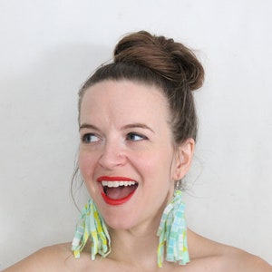 Bright Mint and Lime Multicolor Fabric Tassel Feathered Earrings, Fringe Earrings, plaid and floral, Statement earrings image 6