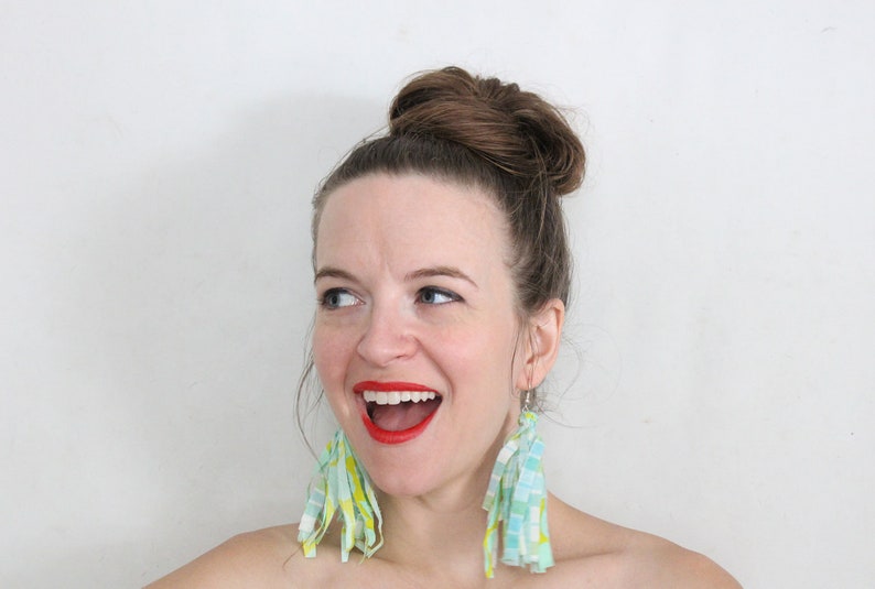 Bright Mint and Lime Multicolor Fabric Tassel Feathered Earrings, Fringe Earrings, plaid and floral, Statement earrings image 6