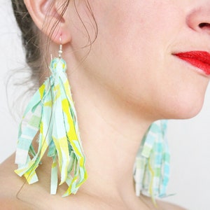 Bright Mint and Lime Multicolor Fabric Tassel Feathered Earrings, Fringe Earrings, plaid and floral, Statement earrings image 1