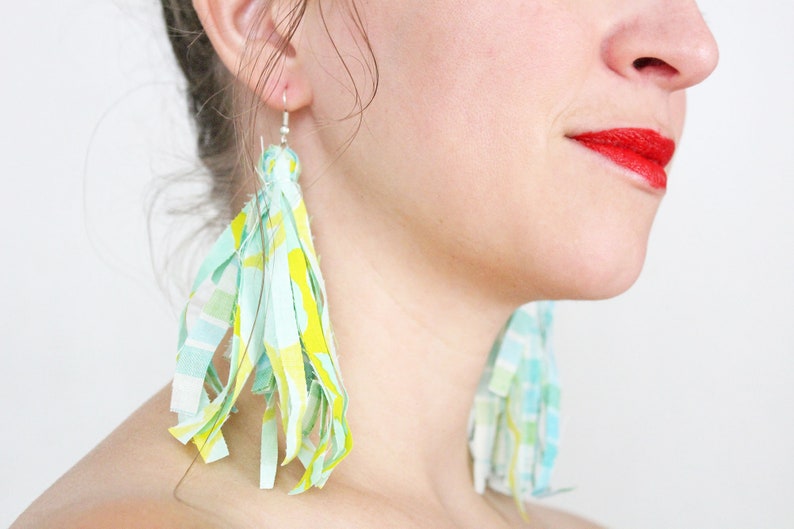 Bright Mint and Lime Multicolor Fabric Tassel Feathered Earrings, Fringe Earrings, plaid and floral, Statement earrings image 1