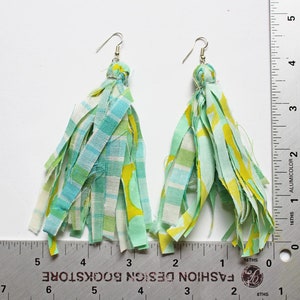Bright Mint and Lime Multicolor Fabric Tassel Feathered Earrings, Fringe Earrings, plaid and floral, Statement earrings image 9