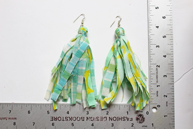 Bright Mint and Lime Multicolor Fabric Tassel Feathered Earrings, Fringe Earrings, plaid and floral, Statement earrings image 9