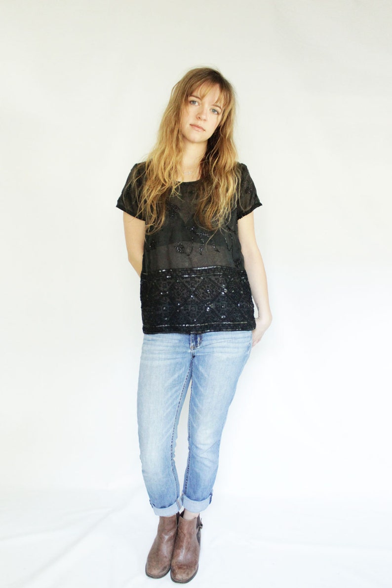Eco Conscious Fashion Beaded Silk Shirt SAMPLE SALE Upcycled Black Sequin Top Sheer Button Back Top Womens Clothing under 100