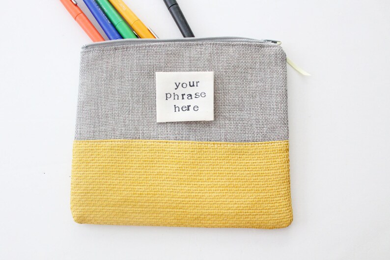 CUSTOM PHRASE zipper pouch grey and yellow sustainably made with scraps funny gift custom saying Hufflepuff Hogwarts house image 2