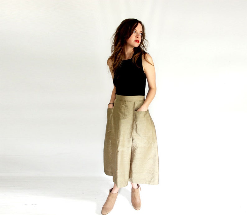 SHORT Sage Green pleated skirt with pockets A line Dupioni silk mini pocket skirt sustainable fashion taupe short flared skirt minimalist image 4