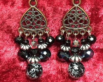 Black glass bead and filigree dangle earrings