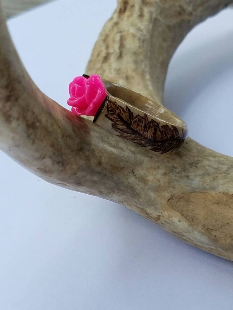 Deer Antler Ring With Feather and Flower Women's Ring Etsy