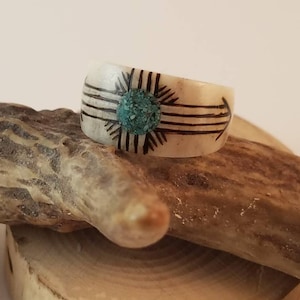 Handmade Deer Antler Ring with Turquoise and Pyrography Zia Sun Symbol | Zia Sun Ring | Custom Deer Antler Ring | Handmade Antler Ring