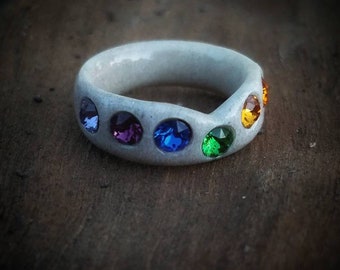 Deer Antler Ring with Rainbow Swarovski Crystals | Chakra Ring | Pride Ring | Rainbow Ring | Deer Antler Ring