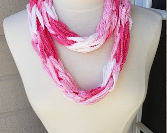 Arm Knit Pink and White Infinity Scarf