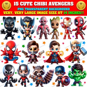 15 Superhelden Comic CHIBI Clipart Bundle, Png transparent, Hi-Res, sofortiger Download, Sublimation, Aufkleber, kommerzielle Nutzung!