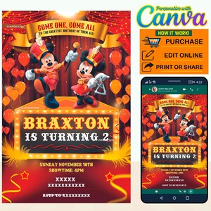 50% korting op digitale uitnodiging Mickey Circus-feestje BEWERKBAAR in CANVA, Mickey Circus carnaval uitnodiging Canva, instant download, ontwerp nieuw 2023
