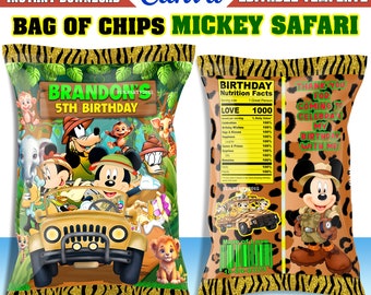 Mickey Safari Birthday Chips Bag, Editable Canva Template (Instant Download)