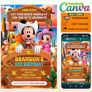 50% korting: digitale verjaardagsuitnodiging Mickey Cowboy-partij BEWERKBAAR in CANVA #2, Mickey Cowboy nodigt Canva uit, instant download, ontwerp 2023