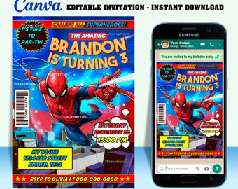 50% Off, Spider boy party digital birthday invitation EDITABLE in CANVA, Spider boy party invite Canva, instant download, design New 2023
