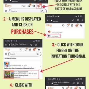 Może przedstawiać: Infografika instruktażowa zatytułowana HOW TO DOWNLOAD ON SMART PHONE? z pięcioma numerowanymi krokami. Przedstawia zrzuty ekranu strony Etsy na urządzeniu mobilnym, używając czerwonych strzałek i ramek do zaznaczenia ikony konta, menu zakup&oacute;w oraz przycisku pobierania plik&oacute;w.