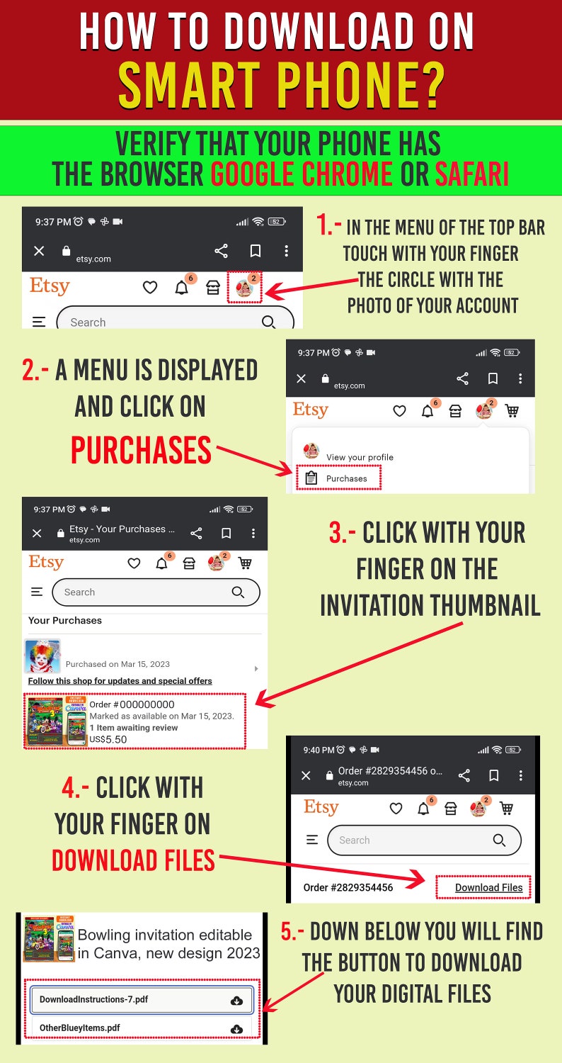 Może przedstawiać: Infografika instruktażowa zatytułowana HOW TO DOWNLOAD ON SMART PHONE? z pięcioma numerowanymi krokami. Przedstawia zrzuty ekranu strony Etsy na urządzeniu mobilnym, używając czerwonych strzałek i ramek do zaznaczenia ikony konta, menu zakup&oacute;w oraz przycisku pobierania plik&oacute;w.