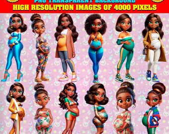 12 Pretty Pregnant African Americans bundle clipart, baby shower, Mother's Day, PNG, Hi-Res, instant download, Stickers, Commercial use!