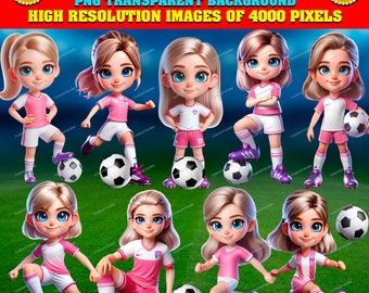 9 Cute Blonde Soccer GIRLS with Pink and White Uniform Bundle Clipart, PNG Transparent, Hi-Res, instant download, Stickers, Commercial use!