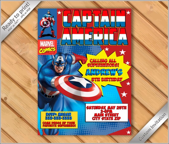 50% off - PERSONALIZED Comic Book Birthday party Invitation Captain America, Invitation Birthday Captain America. Il_570xn