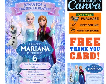 Frozen Princess Birthday Invitation, Editable Canva, Printable 5x7, Free Thank You Card