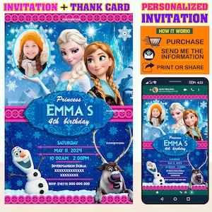 50% korting: prinsessen Frozen-uitnodiging voor verjaardagsfeestje met foto (GEPERSONALISEERD), gratis bedankkaart!, zelf afdrukken!, nieuw 2022