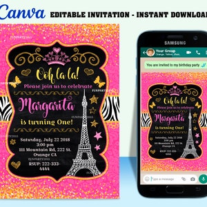 50% Off, Paris party digital birthday Chalk invitation chalkboard EDITABLE in CANVA, Paris party invite Canva, instant download, New 2023
