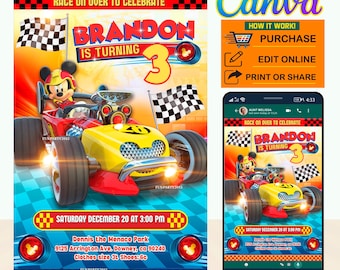 Invitación de cumpleaños digital de Mickey Roadster Racers EDITABLE en CANVA #3, descarga instantánea, diseño Nuevo 2023