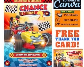 Invitación de cumpleaños de Mickey Roadster Racer, plantilla editable de Canva (descarga digital)
