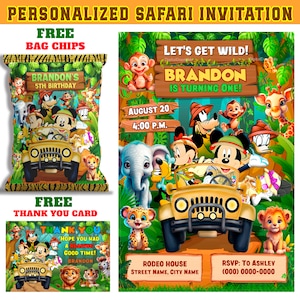 50% korting: GEPERSONALISEERDE uitnodiging Mickey Jungle Safari, uitnodiging verjaardagsfeestje afdrukbaar, GRATIS bedankkaart en zakje chips, afdrukbaar