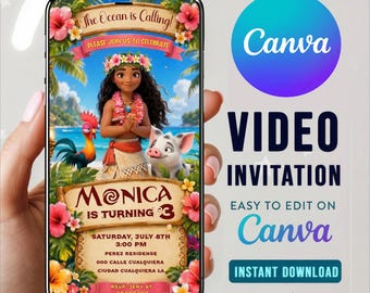 MOANA Video Invitation, Editable in CANVA Birthday Invite, Animated Digital Party Invitation