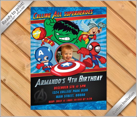 50% off! - PERSONALIZED Invitation Avenger - Comic Superheroes Birthday photo Invitation, Super Heroes invitation digital printable. Il_570xn