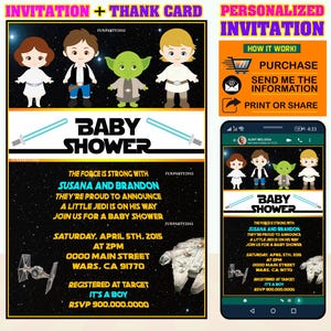 50% オフ! - ベビーシャワー Str. Wars パーソナライズ招待状 - スター Wrs. パーティー ベビーシャワー招待状 - パーティー招待状、無料のサンキューカード!