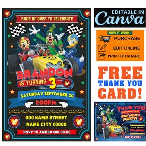 Może przedstawiać: Cyfrowy szablon zaproszenia na urodziny z Myszką Miki, Goofym i Kaczorem Donaldem w samochodzie wyścigowym. Tekst brzmi RACE ON OVER TO CELEBRATE, BRANDON IS TURNING 3, SATURDAY SEPTEMBER 20, 1:00PM, zawiera miejsca na adres i szczegóły RSVP.