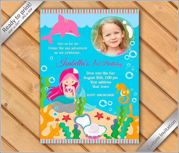 50% off - Little Mermaid under the sea Birthday Party photo Invitation - Little Mermaid pink - Printable Digital File Il_570xn