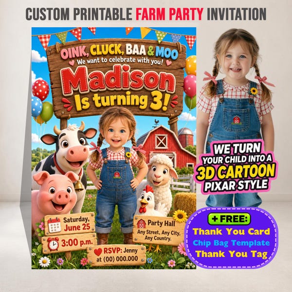 Invitación de cumpleaños personalizada en 3D con diseño de granja, invitación para fiesta de niña con temática de corral (descarga digital)