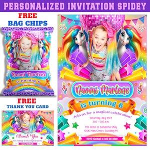 50% korting: magische Jojo Siwa-eenhoorns GEPERSONALISEERDE uitnodiging, verjaardagsfeestje, GRATIS bedankkaart en zakje voor chips, afdrukbaar