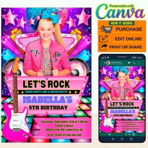 60% OFF / RockStar Jojo Siwa party digital birthday invitation EDITABLE in CANVA, Jojo Siwa party invite Canva, instant download, New 2023